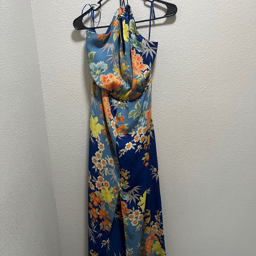 Guess Los Angeles Blue Floral Halter Maxi Dress Size L Backless Boho Summer